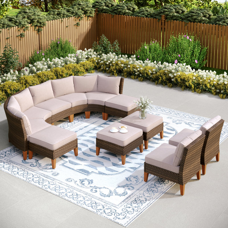 All Weather Wicker/Rattan 11 - Person Seating Group with Cushions, Beige
