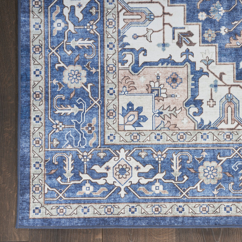 Tapis antidérapant ivoire et bleu 8 pi x 10 pi Medallion