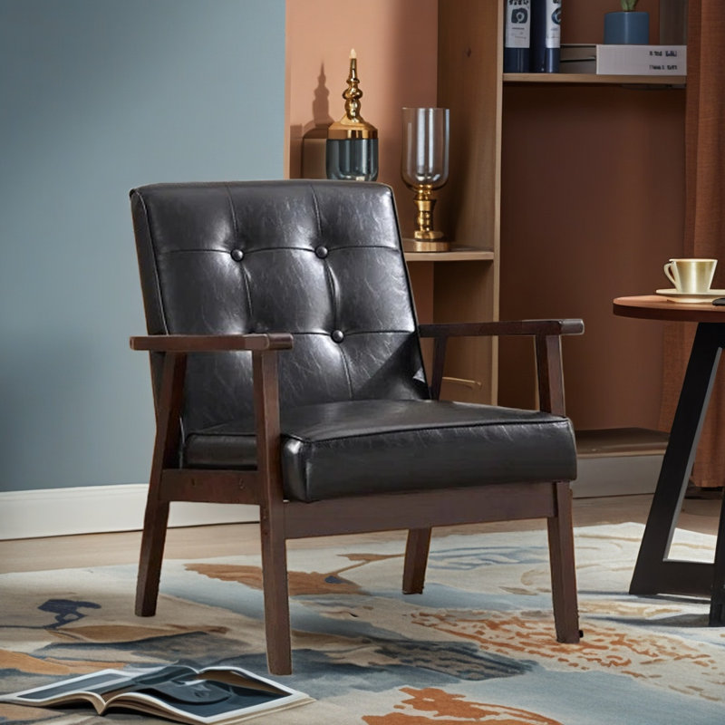 25" W Tufted Accent Chair with Solid Wood Legs, Black Faux Leather, 1