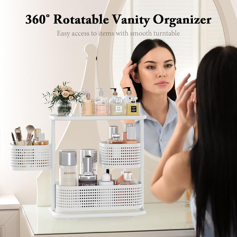 Organisateur de comptoir de salle de bain rotatif à 3 niveaux, plateau de coiffeuse pour le maquillage et les soins de la peau, étagère à épices de comptoir, tablette peu encombrante