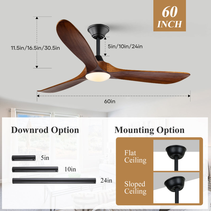 Ventilateur de plafond en bois massif à 3 pales avec lumière et télécommande, 60 po de largeur, Bois brun