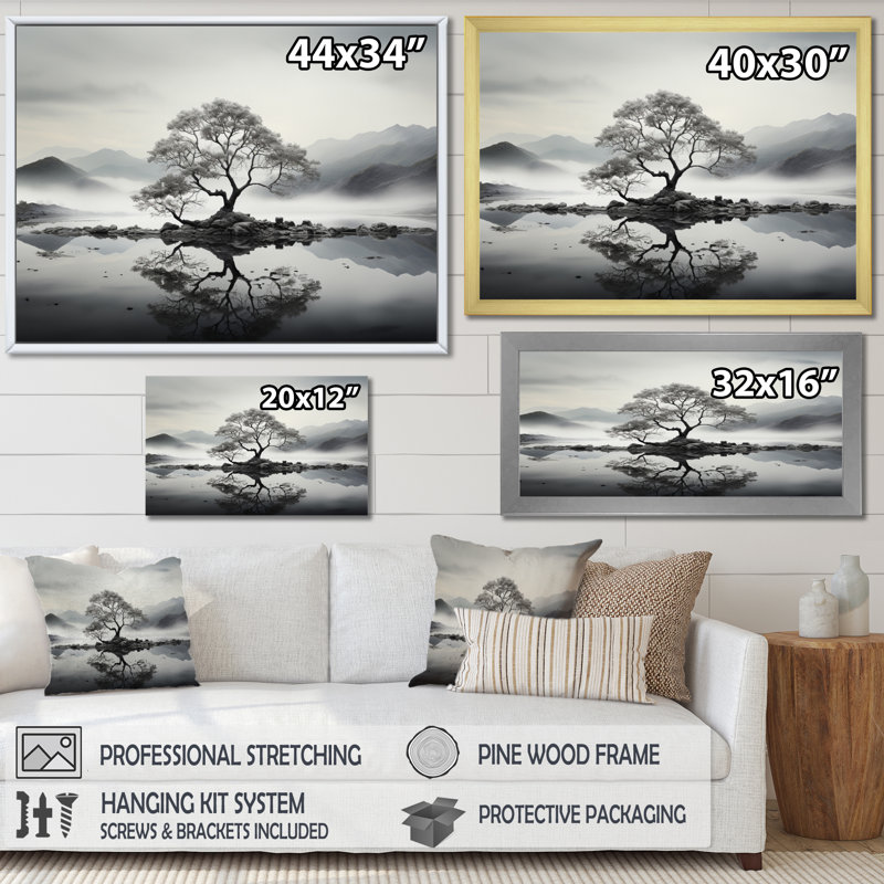 Arbre harmonie encre monochrome II - décoration murale florale, Encadrement doré, H 12 po x l 20 po x P 1 po