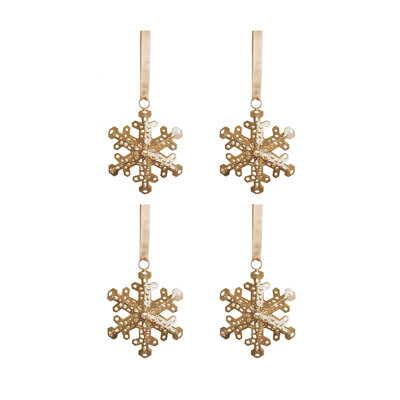  Champagne Gold Snowflake Ornament with Satin Ribbon, Decorative Holiday Accent for Christmas Trees, Wreaths, Garlands, Mantels, Windows, 6" Diameter