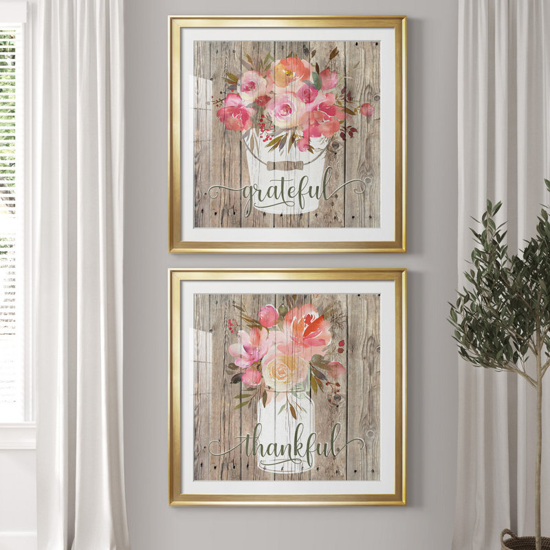 Grateful Bouquet - Ensemble de 2 reproductions d'impressions, Papier encadré doré, Blanc, H 30,5 po x l 61 po x P 1,5 po