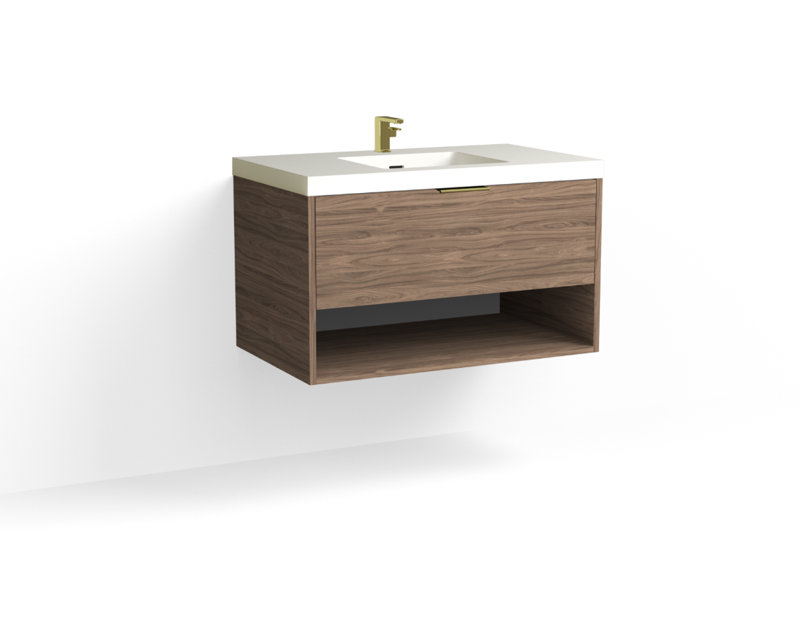 Modo 36" W Wall Mounted Single Bathroom Vanity, Matte White/Single, Biondo, Polished Nickel
