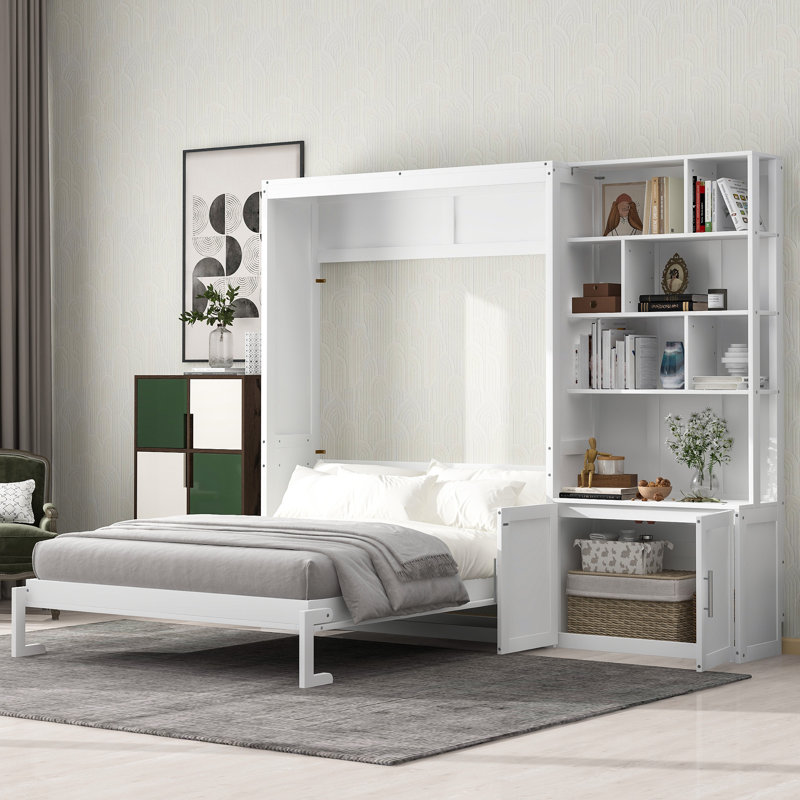  Full Murphy Wall Bed with Multiple Storage Shelves and Built-In Cabinet, White