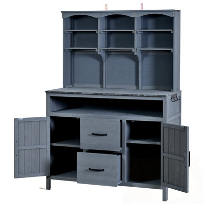 Patio Potting Bench with Hutch, Cabinets, 2 Drawers and Hooks