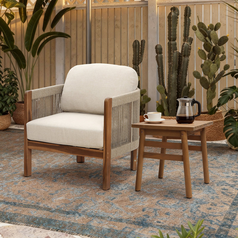 26.7'' W Outdoor Solid Wood Patio Armchair with Handwoven Rope Backrest