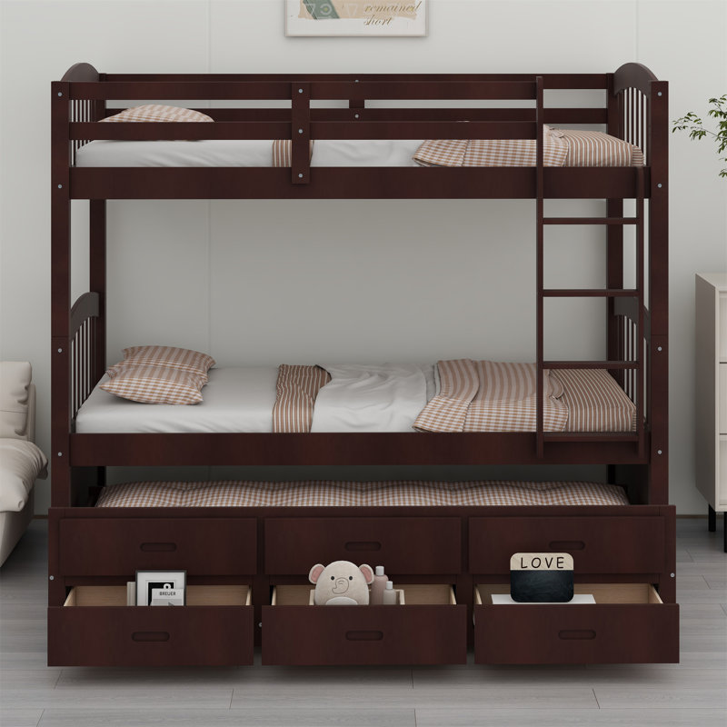 Wood Bunk Bed With Trundle And Drawers, Espresso