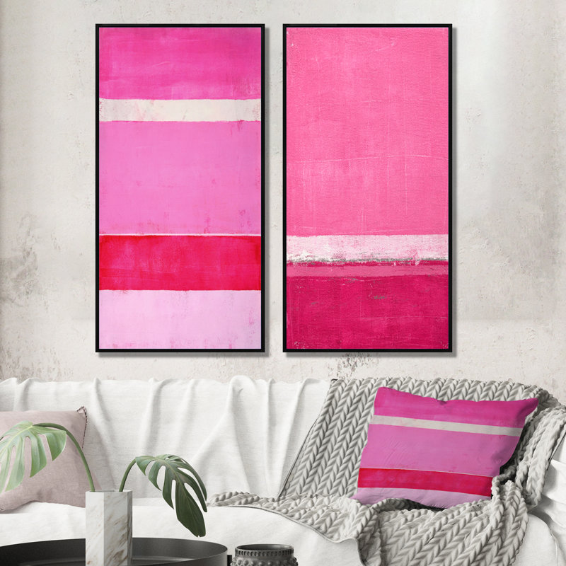 Ensemble de 2 peintures sur toiles fuchsia et blanc, 20" H x 24" W x 1" D, Cadre flottant noir