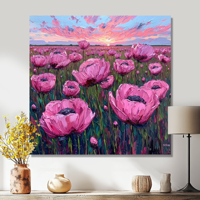 «Summer Tulips Sunset Meadow - Tulipes», reproduction d'art murale, Métal métal, H 16 po x l 16 po x P 1 po