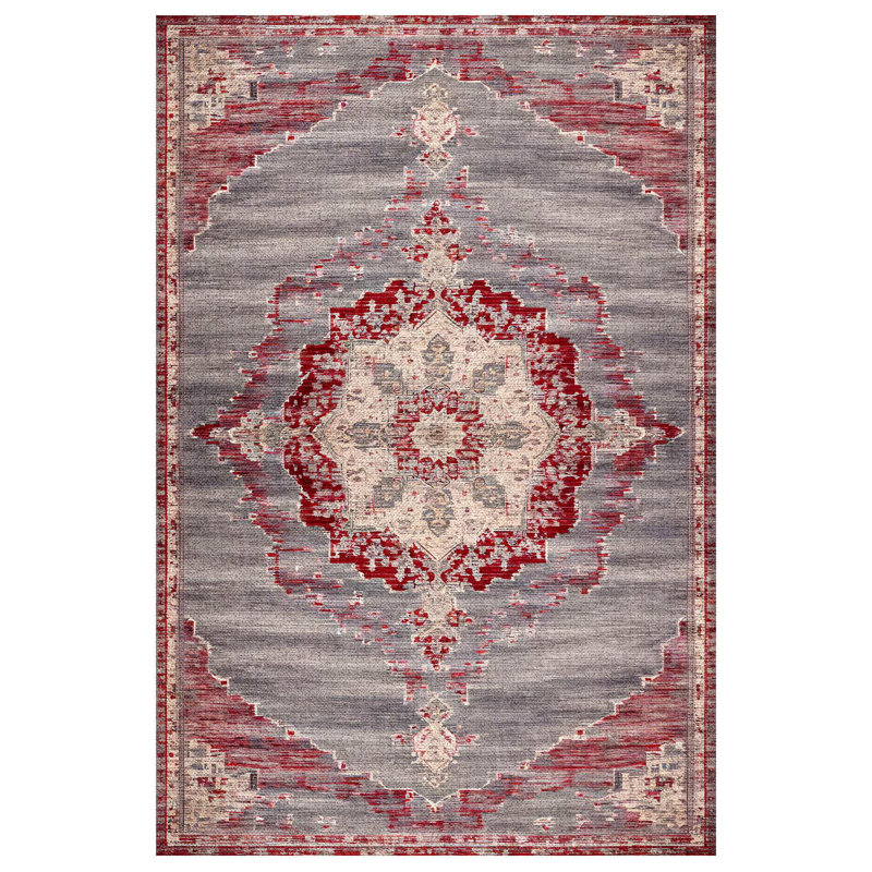 Marisol Burgundy Beige Gray Oriental Machine Printed Cotton Polyester Area Rug, Runner 4' x 11'6"