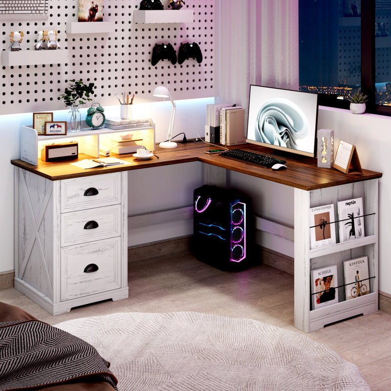 L-shaped Computer Desk With Storage Drawers And Bookshelf, Home Office Workstation With Usb Charging And Led Light, White