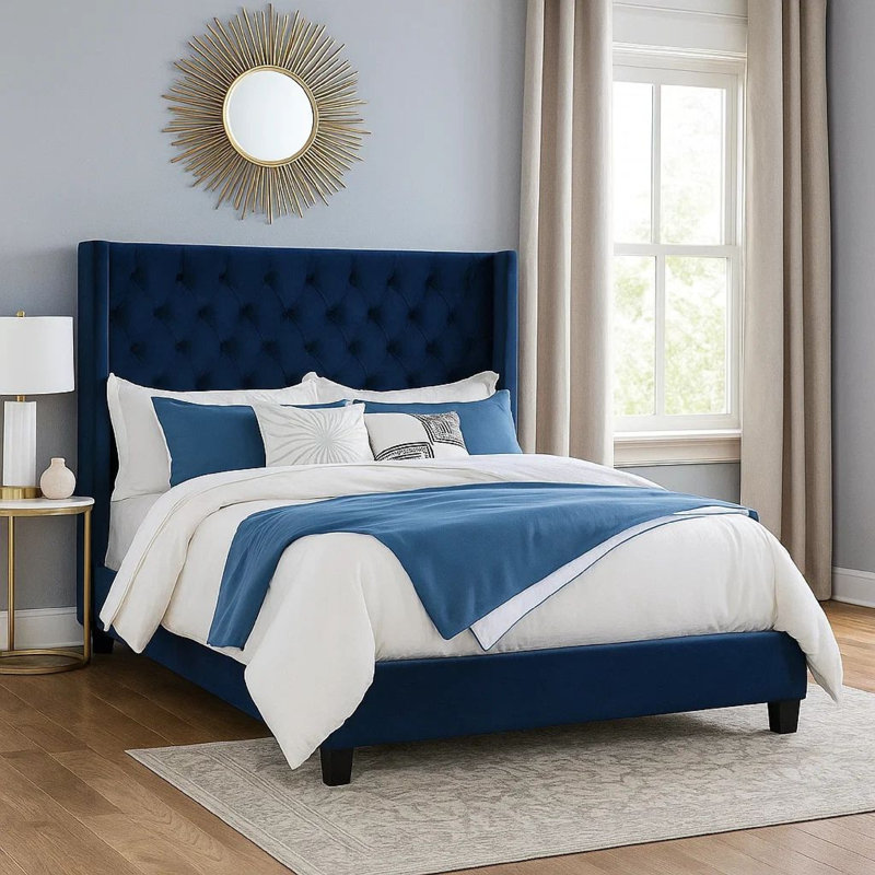 Hiu King Size Bed, Wingback Headboard In Black , Queen, Navy Blue