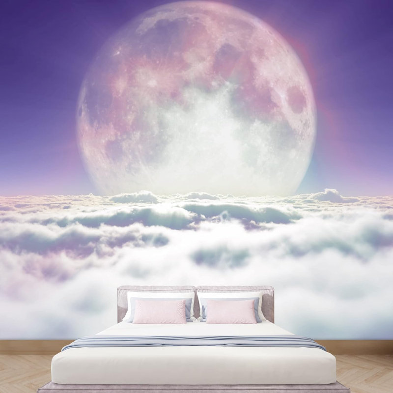 Ciel arc-en-ciel pleine lune nuageuse mauve Photographie de paysage rustique décoratif, L 100 po x l 144 po