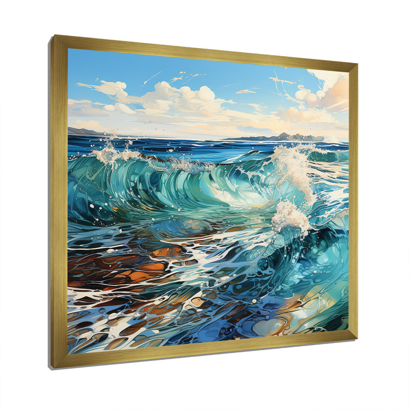 «Ocean Charm», art liquide vif III, Cadre doré simple, H 16 po x l 16 po x P 1 po