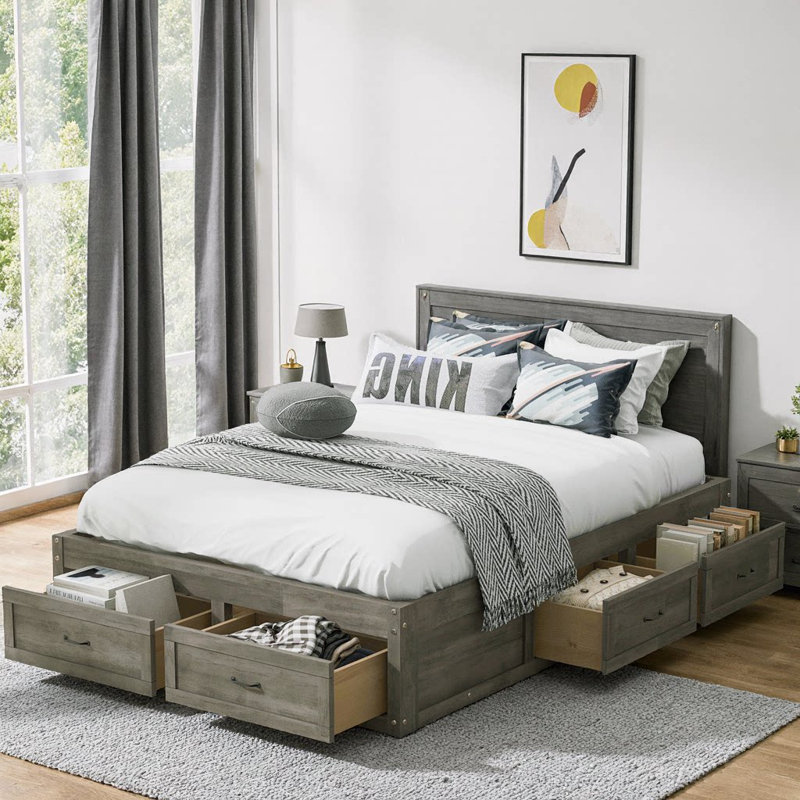 Your Dreamy Storage Sanctuary: lit plateforme double avec 6 tiroirs en blanc antique, Gris antique