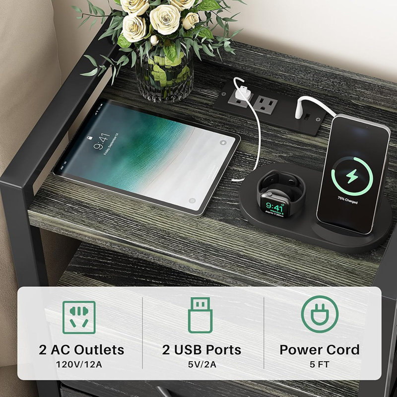 Table de chevet avec station de charge et lumière DEL noire