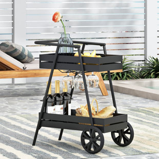 Roomfitters Outdoor Metal Rolling Bar Cart with Wine Glass Holders and Bottle Storage, Modern Black