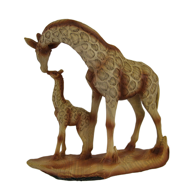 African wildlife hand-painted tan brown resin mother and baby giraffe statue with faux wood finish — 7" H x 6.5" L x 2.25" W