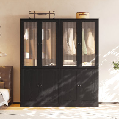 20" D Armoire Wardrobe Closet With Fluted Glass, 71" H Clothing Storage Cabinet With Hanging Rod And Soft-Close Doors