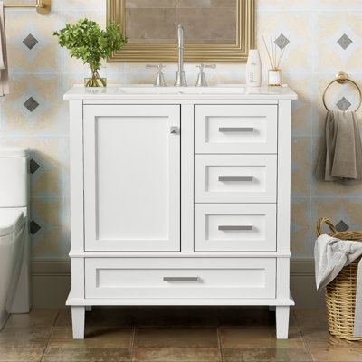 Meuble-lavabo simple autoportant de 30 po avec lavabo en céramique, tiroirs et porte à fermeture en douceur