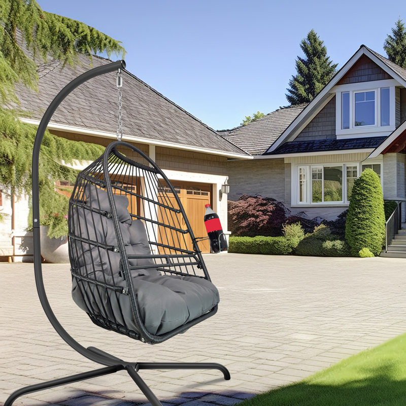 Fauteuil pivotant avec support de type C en osier avec support et coussin, chaise suspendue pliante en osier pour l'extérieur