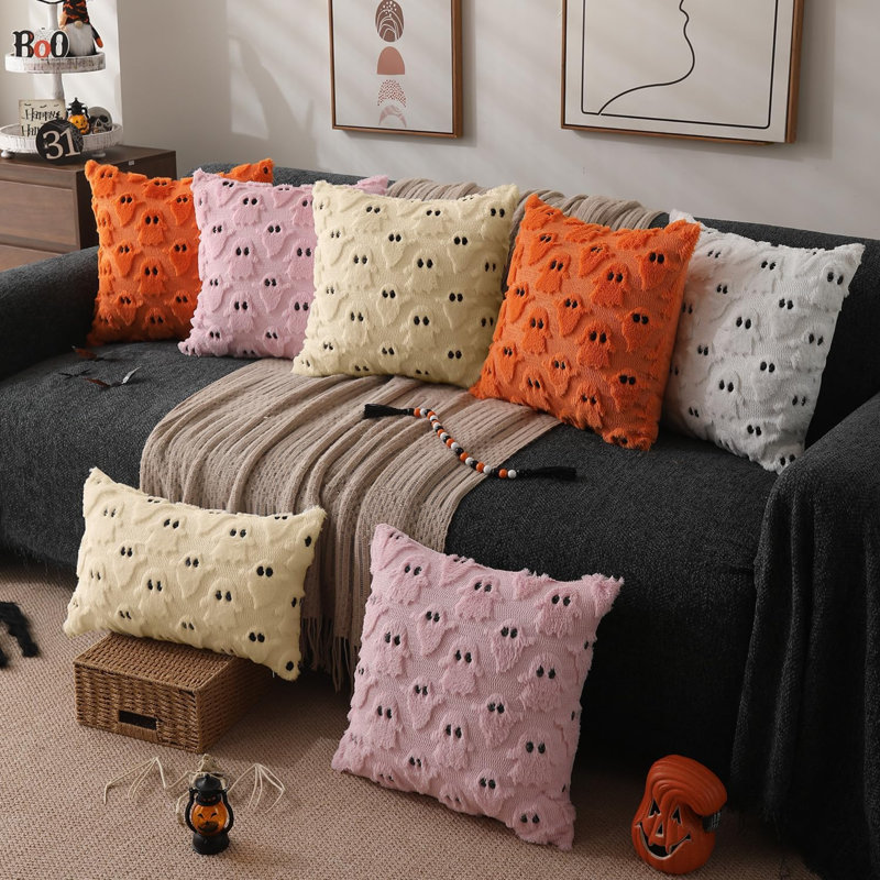 Housses de coussin d'Halloween 30x50 cm, fantôme noir en peluche, décoration d'Halloween 095F12, taies d'oreiller douces en fausse fourrure, pour fauteuil, canapé, chambre, salon, décoration de l'Action de grâce