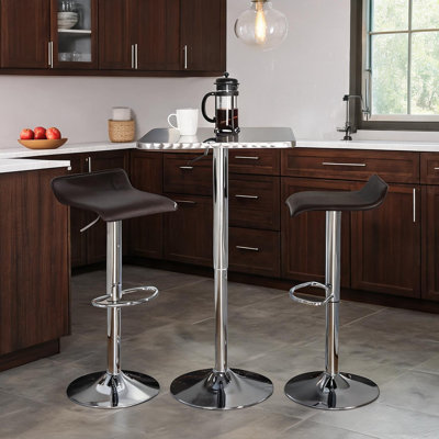 Brown Faux Leather Adjustable Bar Set with Table and 2 Stools for Home Pub in Silver Metal