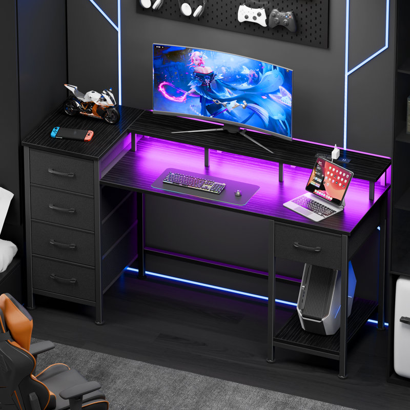 Computer Desk with Monitor Stand & Charging Station, Gaming Desk with LED Lights & Drawers, 29.8" H x 47.2" W x 18.8" D