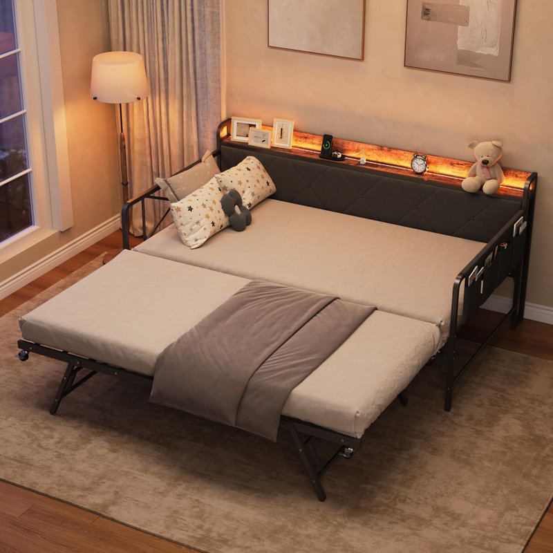  Daybed with Trundle and LED Light, Twin Size Bed Frame with Upholstered Headboard and Charging Station, Metal Frame Sofa Day Bed for Living Room, Bedroom and Guest Room, Black
