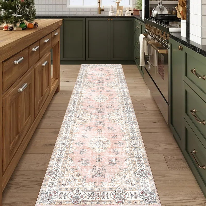 European-Inspired Floral Hallway Runner Rug with Non-Slip Rubber Backing, Machine Washable Polypropylene Accent Rug
