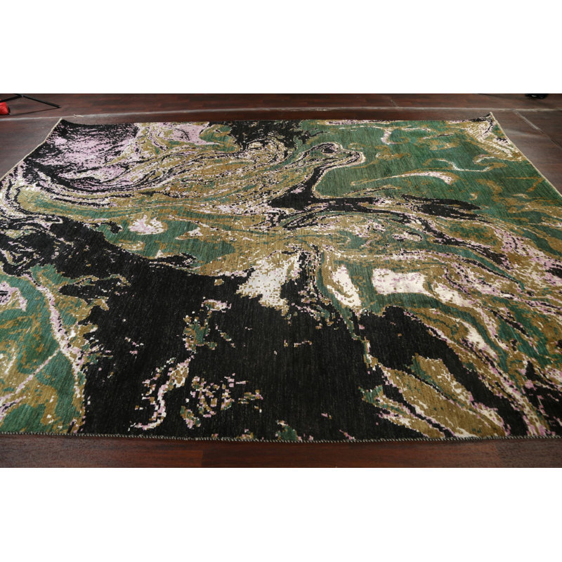 Tapis vert noué à la main de conception unique 9 pi x 12 pi 3 po New Age