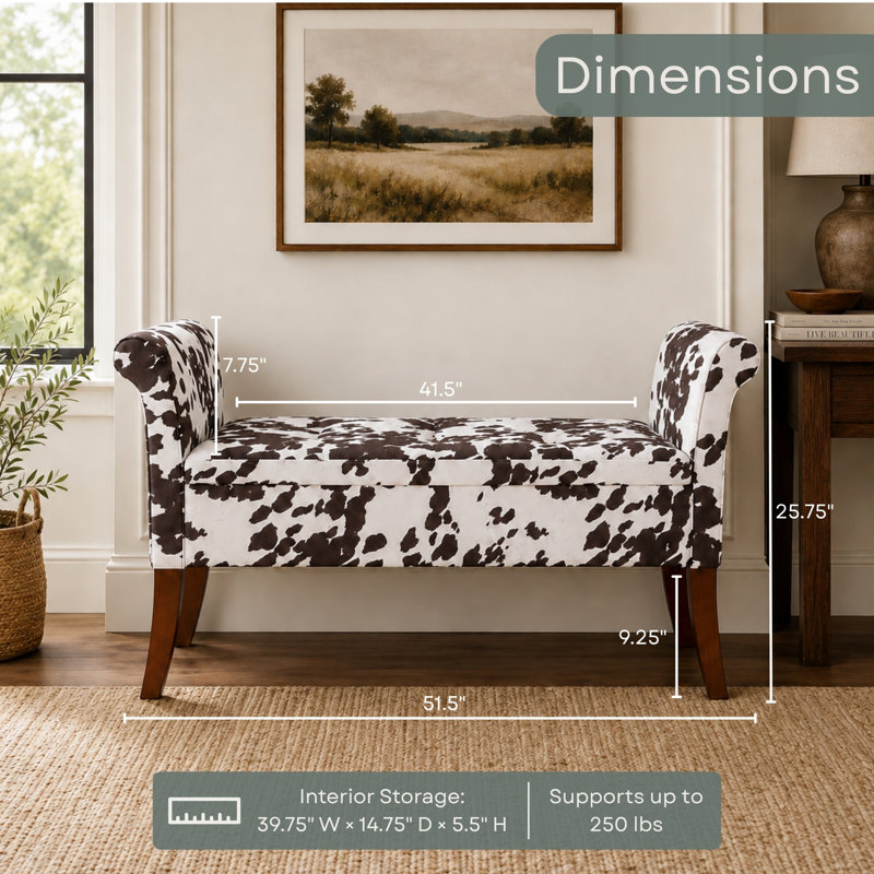 Emma-Jade Upholstery Storage Bench with Solid Wood Legs, Brown Cow Print Faux Fur