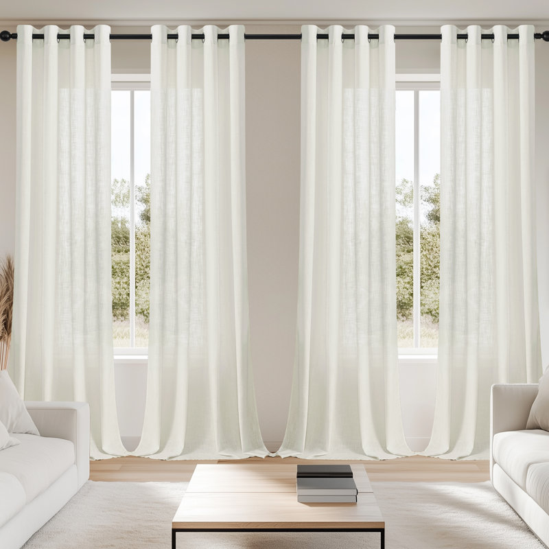 4 Pcs Polyester Linen Textured Light Filtering Semi-sheer Grommet Curtain Pair(set Of 2), White, 52" W x 96" L