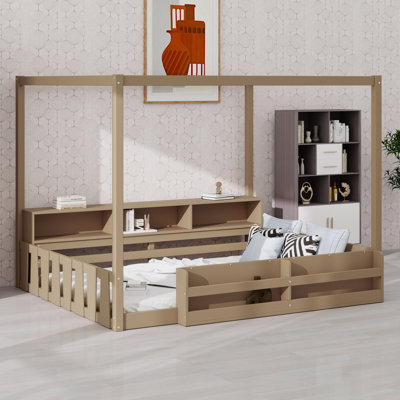 Lit Montessori au sol avec barrières de sécurité, tablette, rangement et cadre de baldaquin