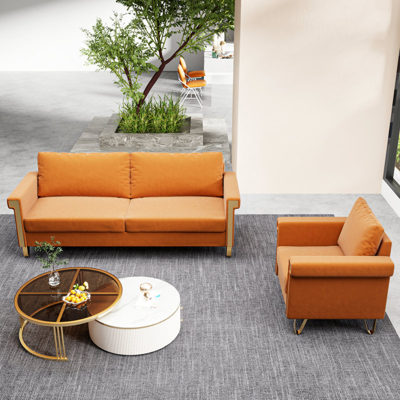Salon orange en velours - style Mid-Century moderne avec tissu et fauteuil facile à entretenir