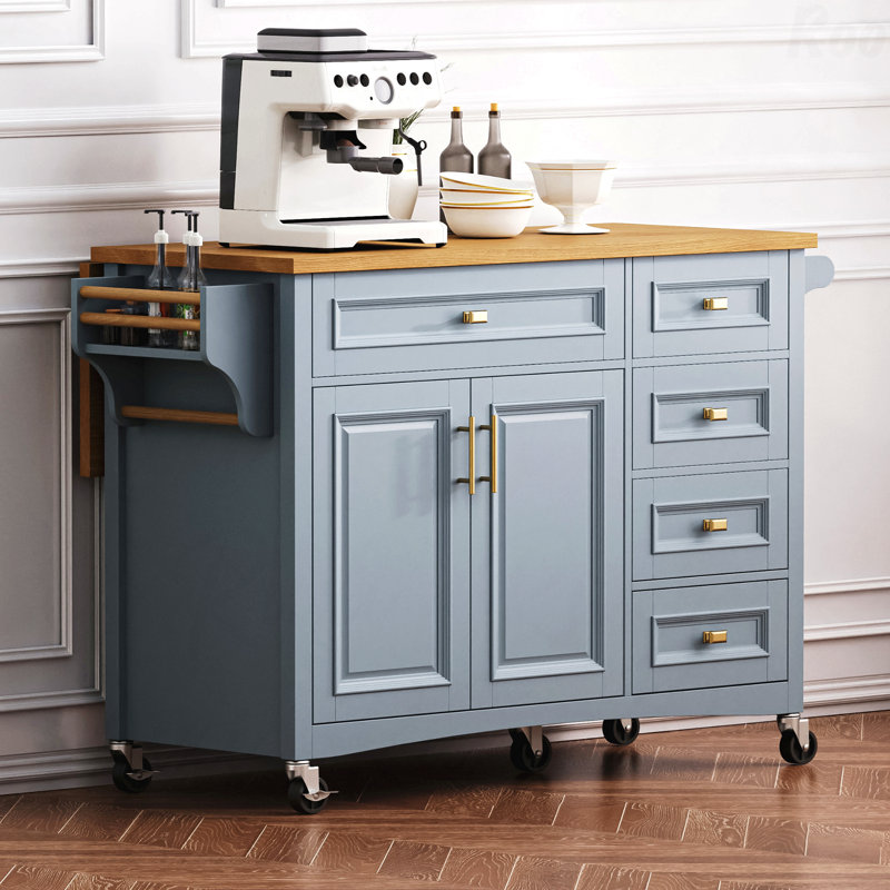 52'' Kitchen Island With Drop Leaf, Embossed Texture Kitchen Island On Wheels With Spice Rack, Towel Rack, 2 Doors And 5 Drawers, Kitchen Storage Cart With Adjustable Shelf For Kitchen