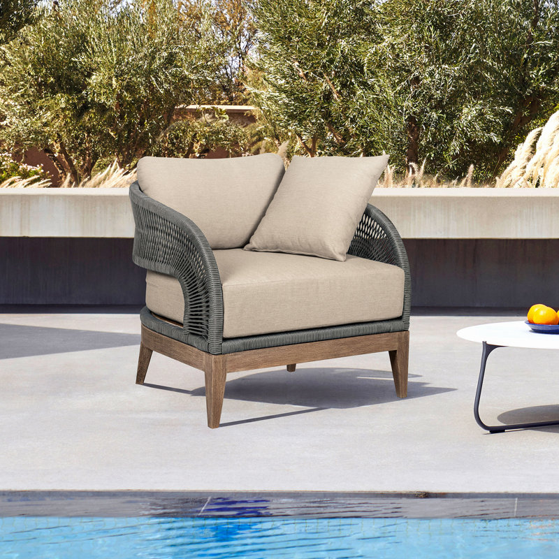 Chaise d'extérieur en bois d'eucalyptus vieilli avec corde et coussins