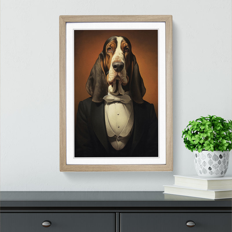 Basset Hound Classicism - Single Picture Frame Print on Wood, Oak Framed, 34cm H x 25cm W x 2cm D