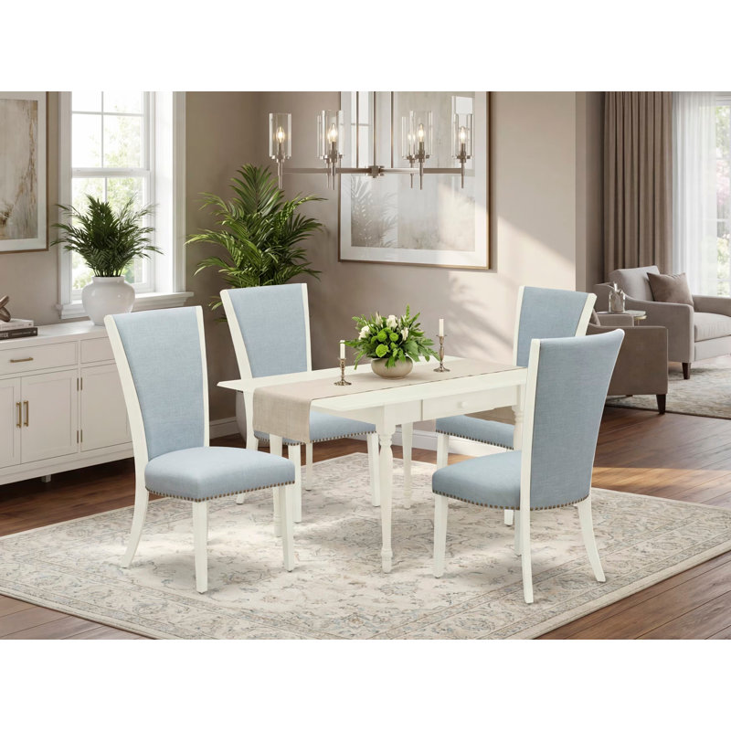 L'ensemble de table de salle à manger 5 pièces comprend une table rectangulaire en bois avec Dropleaf et 4 chaises de salle à manger Parson en tissu bleu bébé, lin blanc
