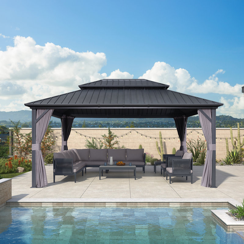 PURPLE LEAF 12' X 16' Gazebo Outdoor Aluminum Gazebo with Heavy Duty Galvanized Steel Double Roof for Patio Backyard Deck, Netting and Curtains Included, Grey