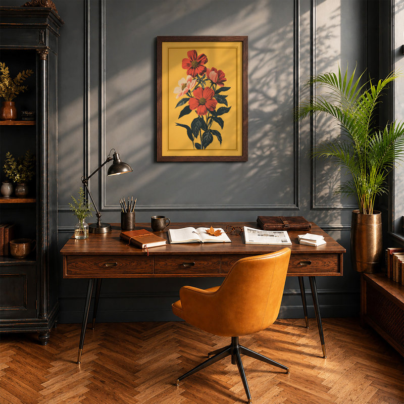 Triple Bloom Botanical - Framed Print, Walnut, A3 - 42.0 x 29.7 cm