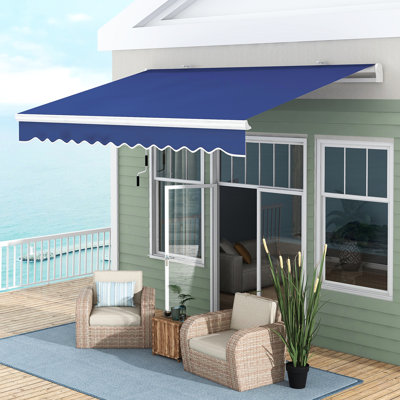 13' X 8' Retractable Balcony Awning - Dark Blue. & Water-. Manual Operation. Aluminum Frame. Deck, Yard Applicable. Multi-Surface Fitment. Adjustable Sunblock. Heat Reducing. Versatile Positioning