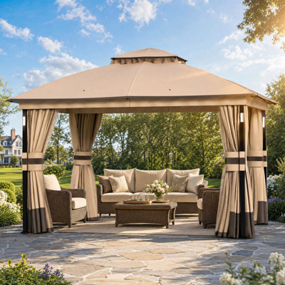 Louvre 11'X13' Steel Double Roof Soft Top Gazebo With LED Lighting And Bluetooth Speaker,Netting And Pravicy Curtains