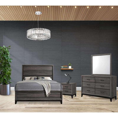 Ensemble de chambre avec très grand lit 4 pièces avec lit à panneaux, commode, miroir et table de chevet au fini gris et noir