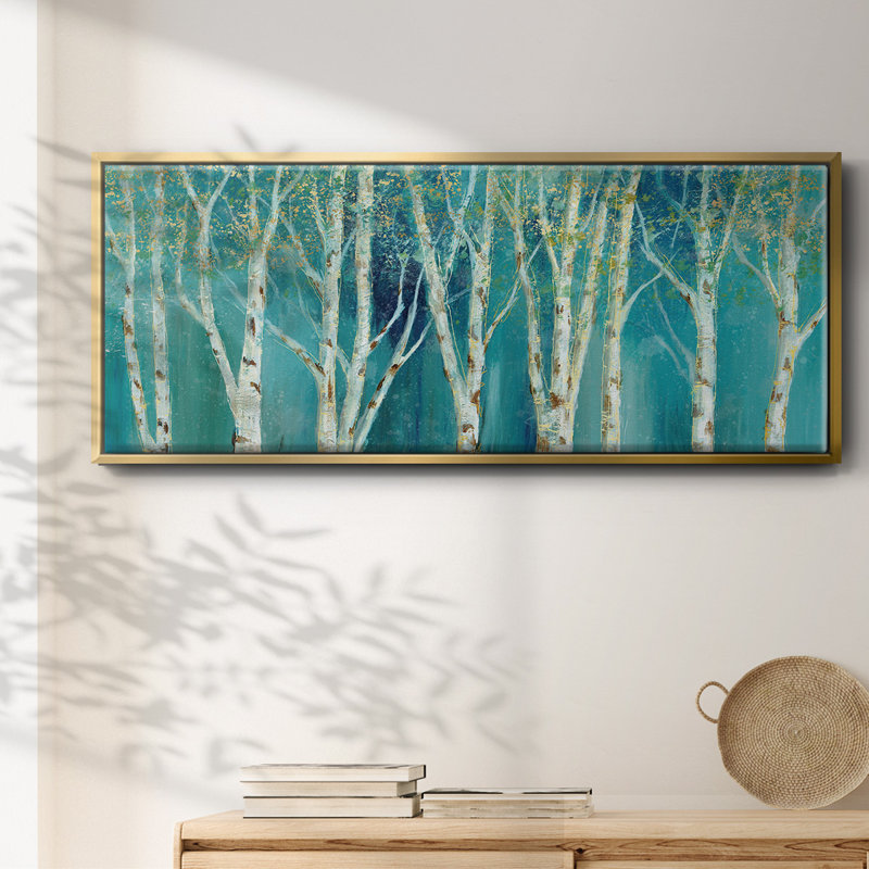 Bouleau sur toile bleue encadrée, H 20 po x l 50 po