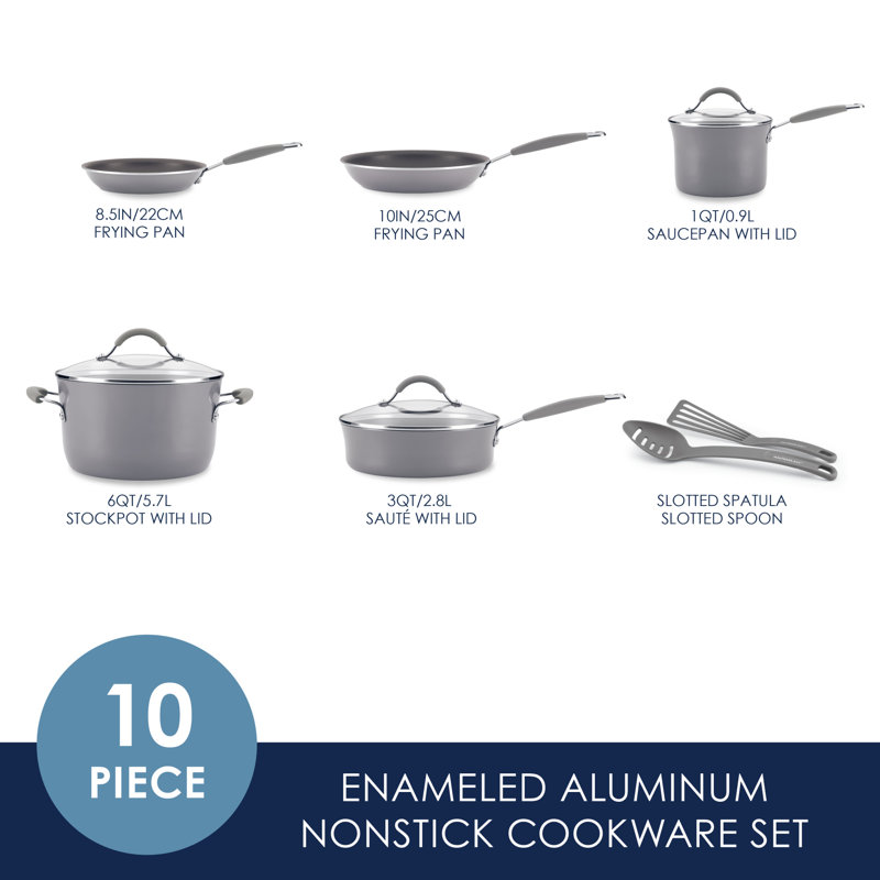 Rachael Ray Cucina Nonstick Cookware Pots and Pans Set, Includes Cooking Utensils, 10 Piece, Sea Salt Gray