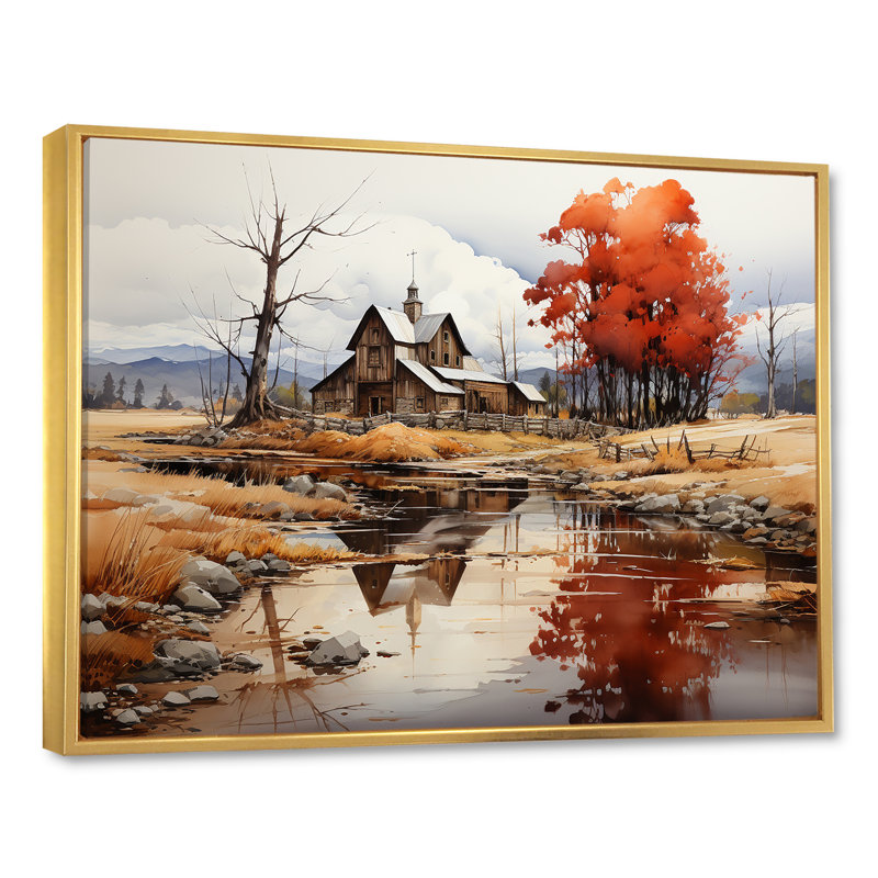 Paysage paisible de basse-cour II, Cadre flottant doré, H 34 po x l 44 po x P 1,5 po