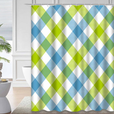 Green Diagonal Checkered Plaid Blue Shower Curtain with 12 Hooks